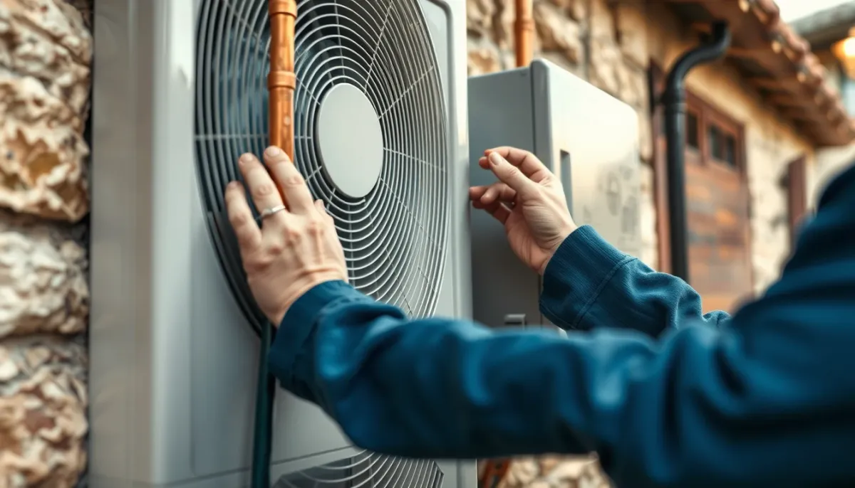 Installation d'une unité extérieure de pompe à chaleur air/air sur un mur en pierre