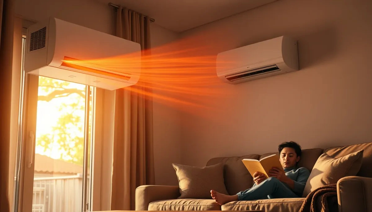 Clim réversible en mode chauffage diffusant de l'air chaud dans un salon confortable