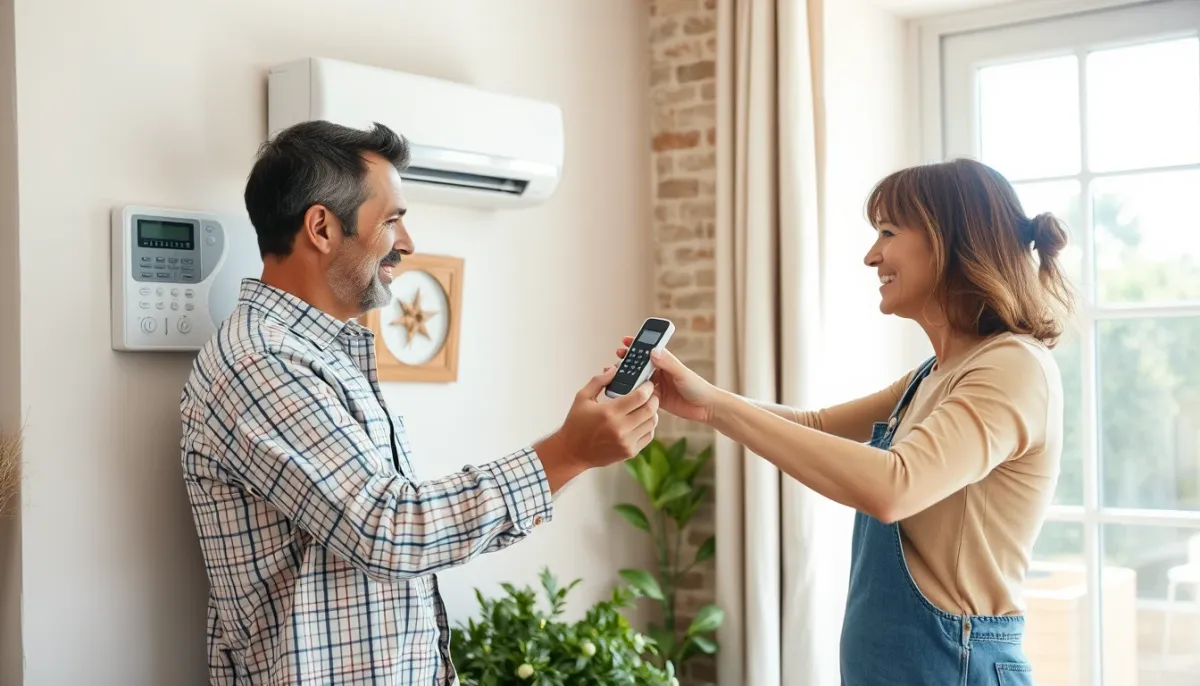 Couple réglant la température de sa clim réversible dans une maison provençale