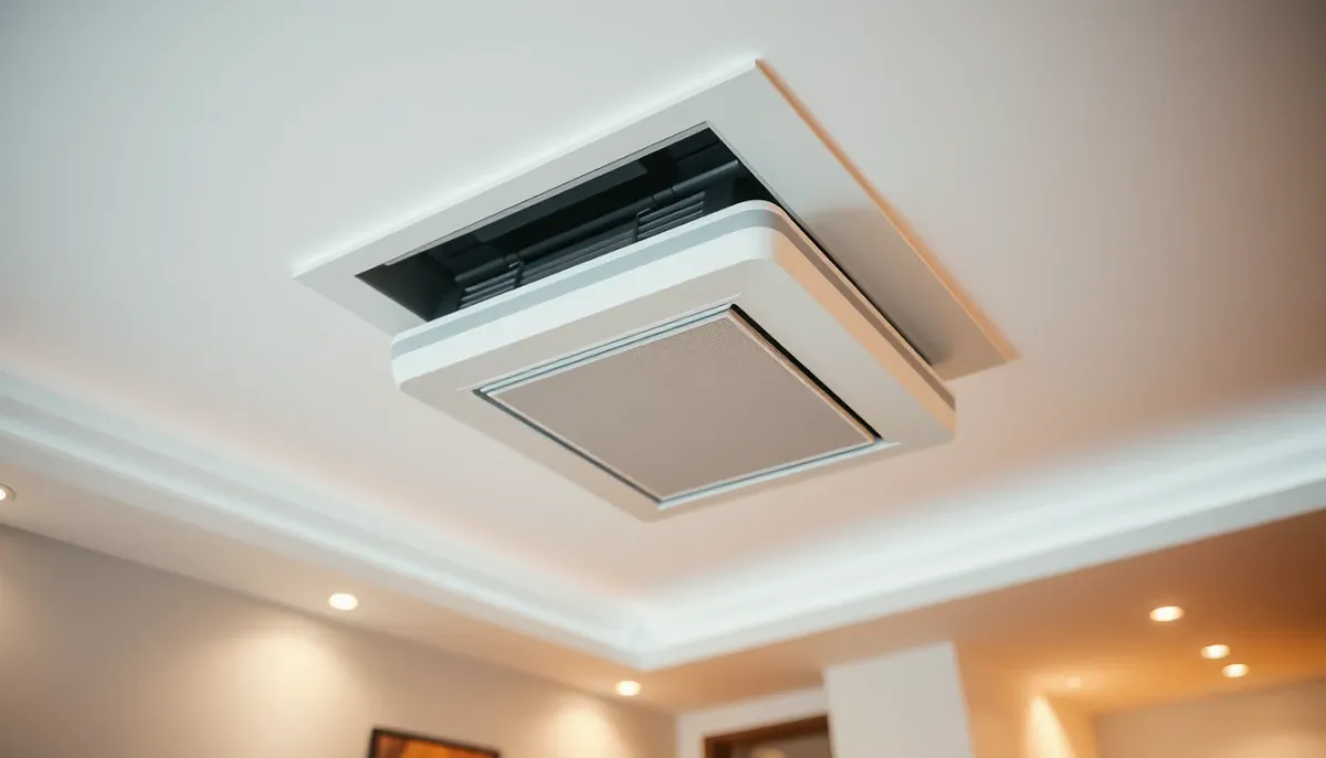 Bouche de soufflage d'une pompe à chaleur gainable intégrée au plafond d'un salon moderne