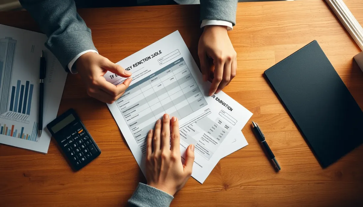 Mains examinant un devis et des documents financiers pour l'installation d'une pompe à chaleur