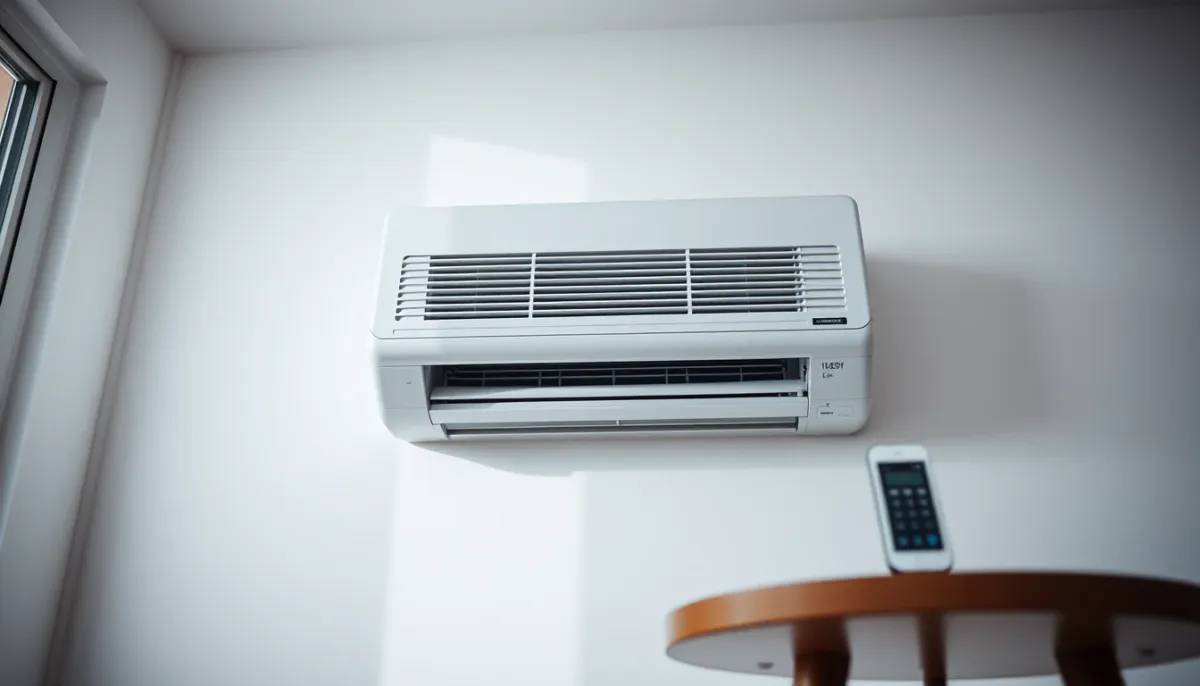 Unité intérieure de climatisation réversible fixée au mur, gros plan sur les ailettes et la télécommande