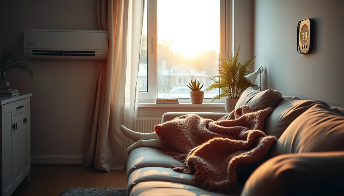Personne se détendant dans un salon chauffé par une clim réversible, avec thermostat mural affichant une température agréable