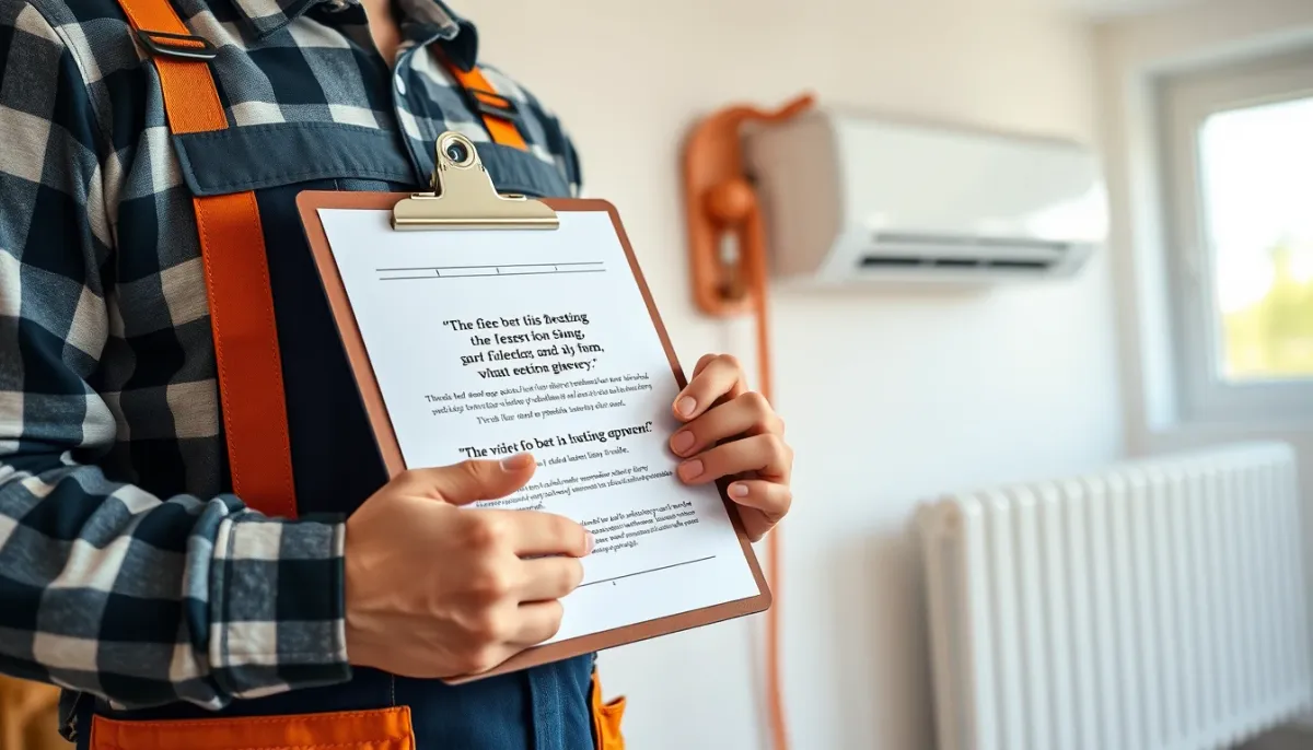 Devis d'installation de chauffage tenu par un professionnel devant une clim réversible et un radiateur électrique