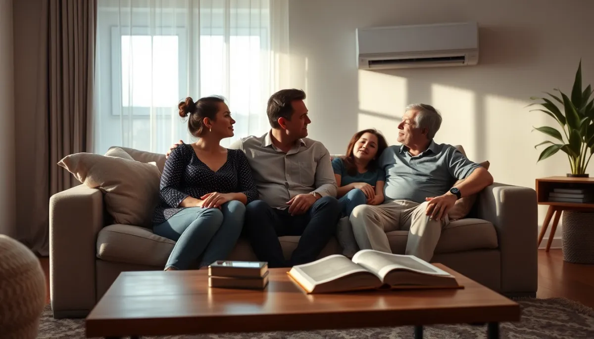 Famille se détendant dans un salon rafraîchi par une pompe à chaleur