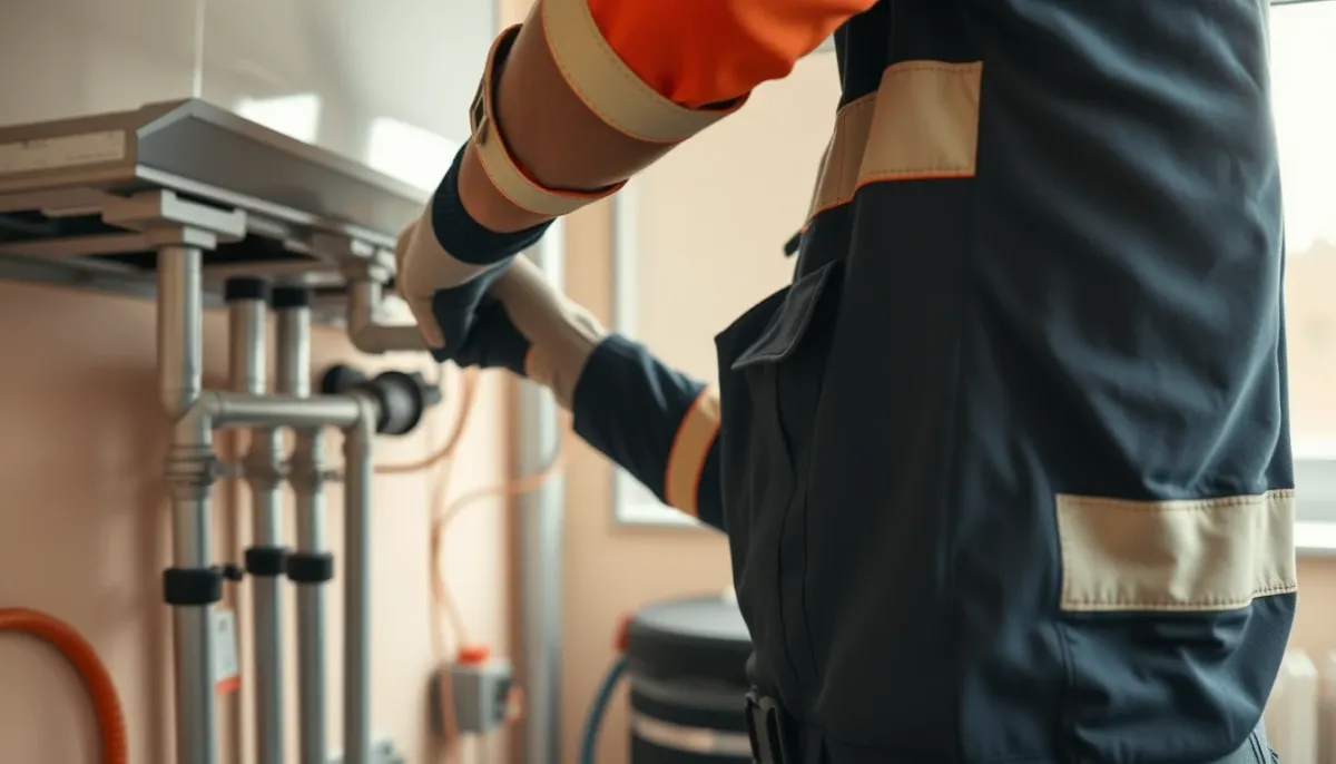 Technicien installant une PAC air/eau dans une chaufferie